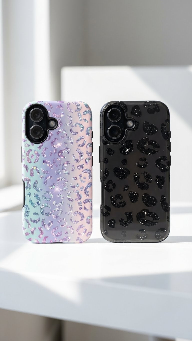 2 Style Leopard Glitter Inspire custom Trendy Phone Case Collection for iPhone 17-11, Samsung S25-S21